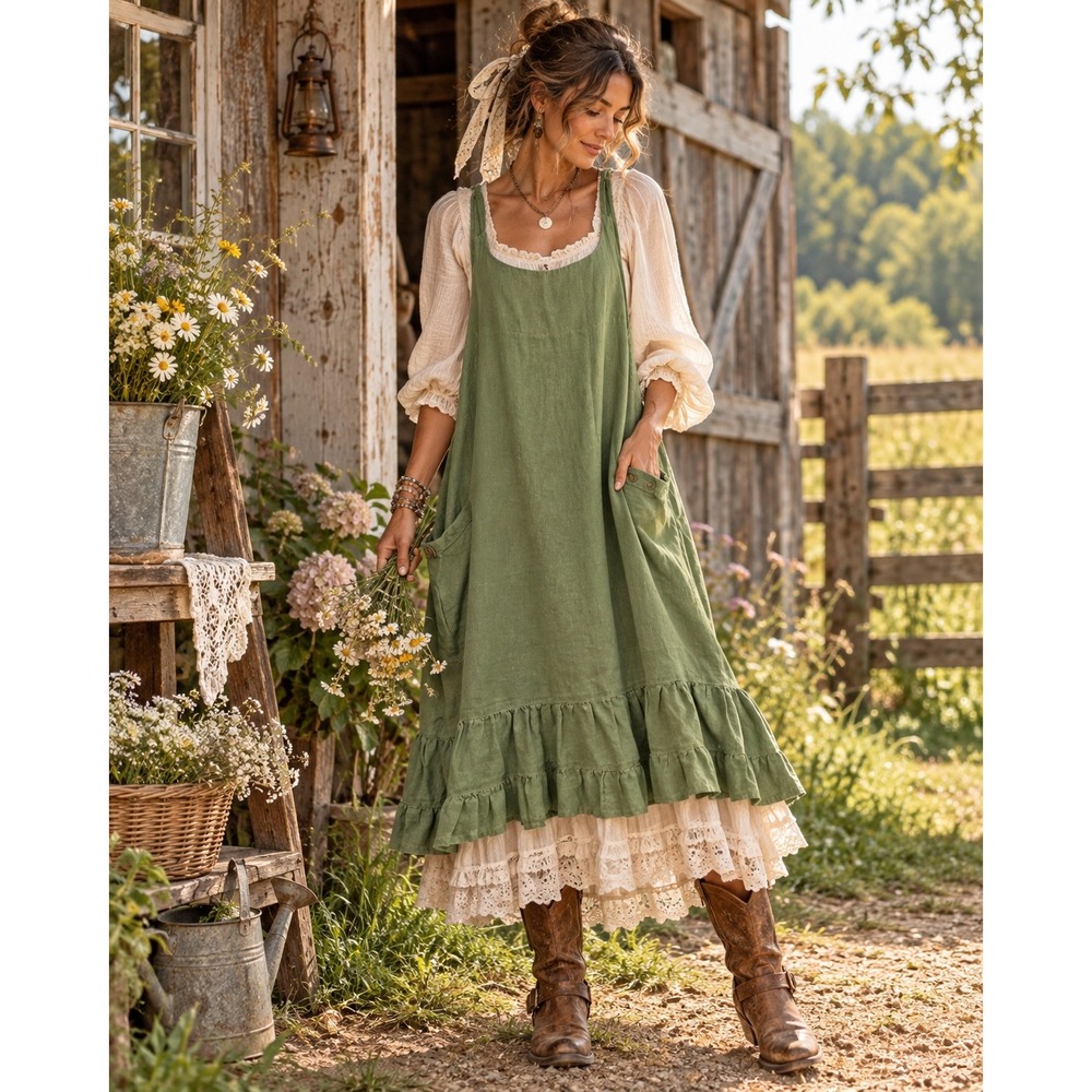 Hearts Desire Tessa Slip Dress L Sage Green Linen Ruffle Hem Midi Pockets Farm